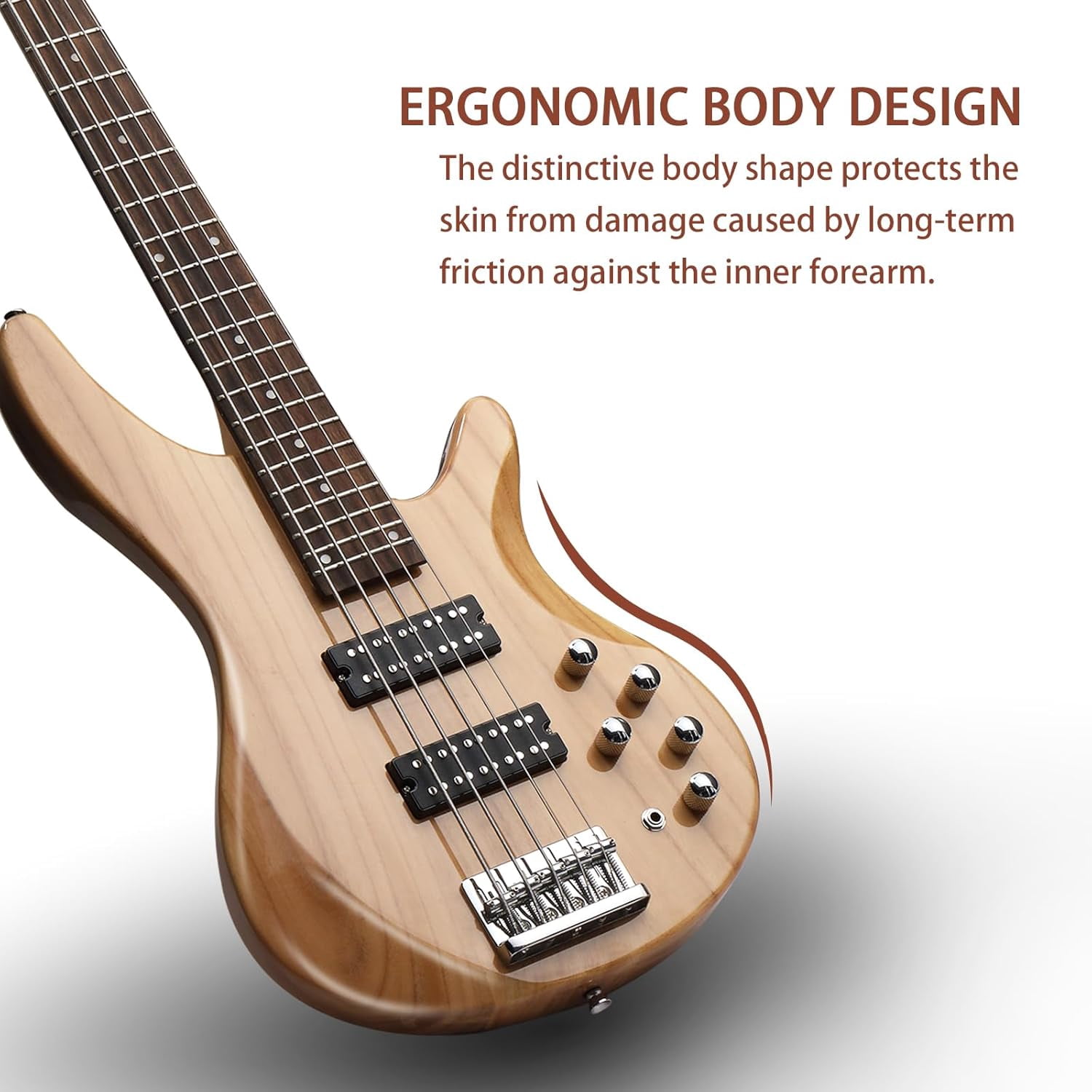 HarmonyStrings 5 String Electric Bass Guitar, Full Size Standard Right Handed Rosewood Fretboard Bass Kit with Gig Bag Strap Cable Wrench Tool Upgraded Natural