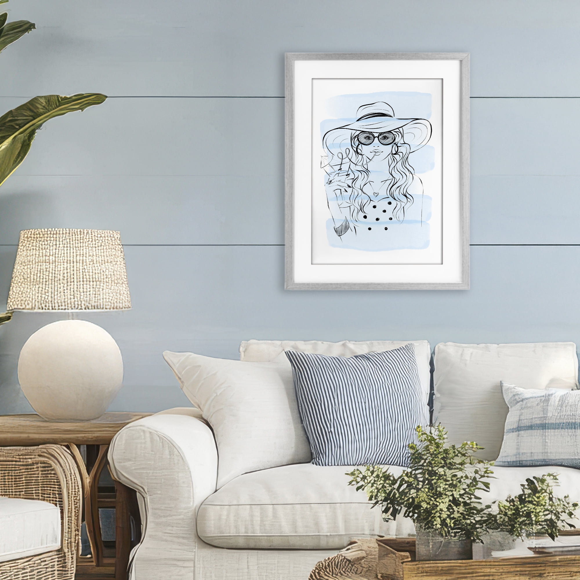 Stupell Industries Sipping Drink Girl in Sun Hat Gray Framed Print Under Glass, design by Martina Pavlova