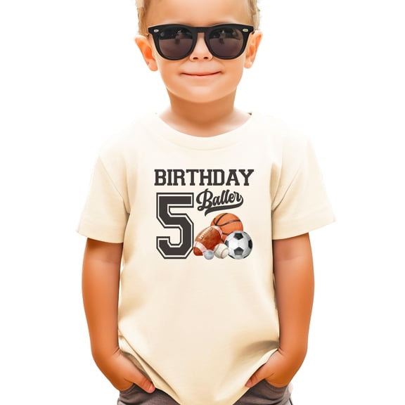 5th Birthday Baller Shirt for Boys Sports Theme Five Party T-Shirt for Kids Natural Shirt Youth Medium