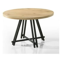 Tete 47 Inch Dining Table-Solid Brown Wood Round Top-Black Metal Base