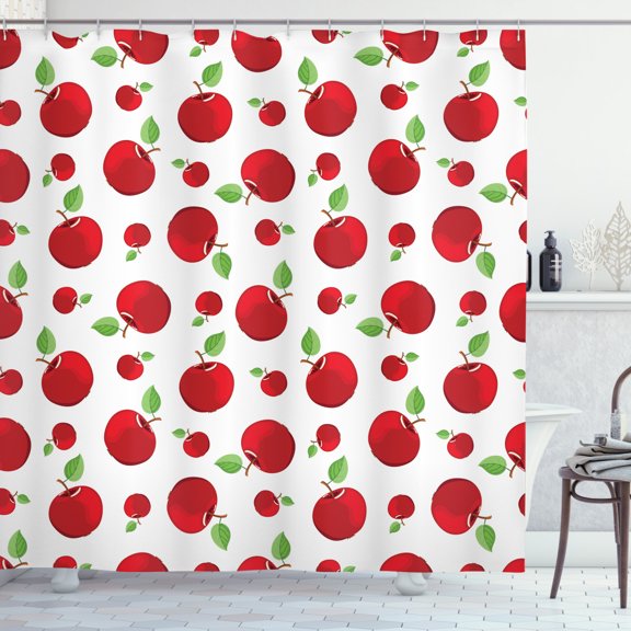 Ambesonne Fruits Shower Curtain, Cartoon Pattern Red Apples, 69"Wx84"L, White Green and Dark Pink