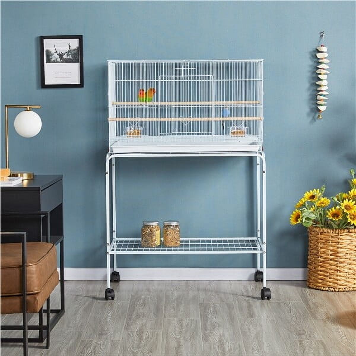 FASCK 47-inch Rolling Breeding Flight Bird Cages for Parakeets Budgies Finches Cockatiels Conures Lovebirds Canaries Parrots with Detachable Stand,White