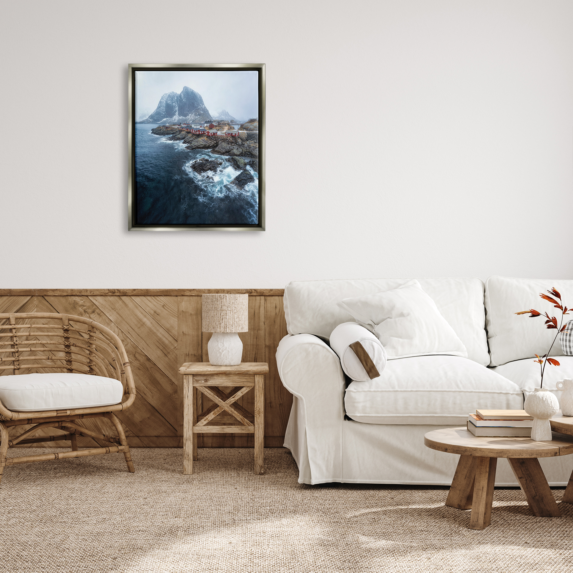 Stupell Industries Coastal Ocean Village Landscape Photography Gray Floater Framed Canvas Art Print Wall Art, 25 x 31