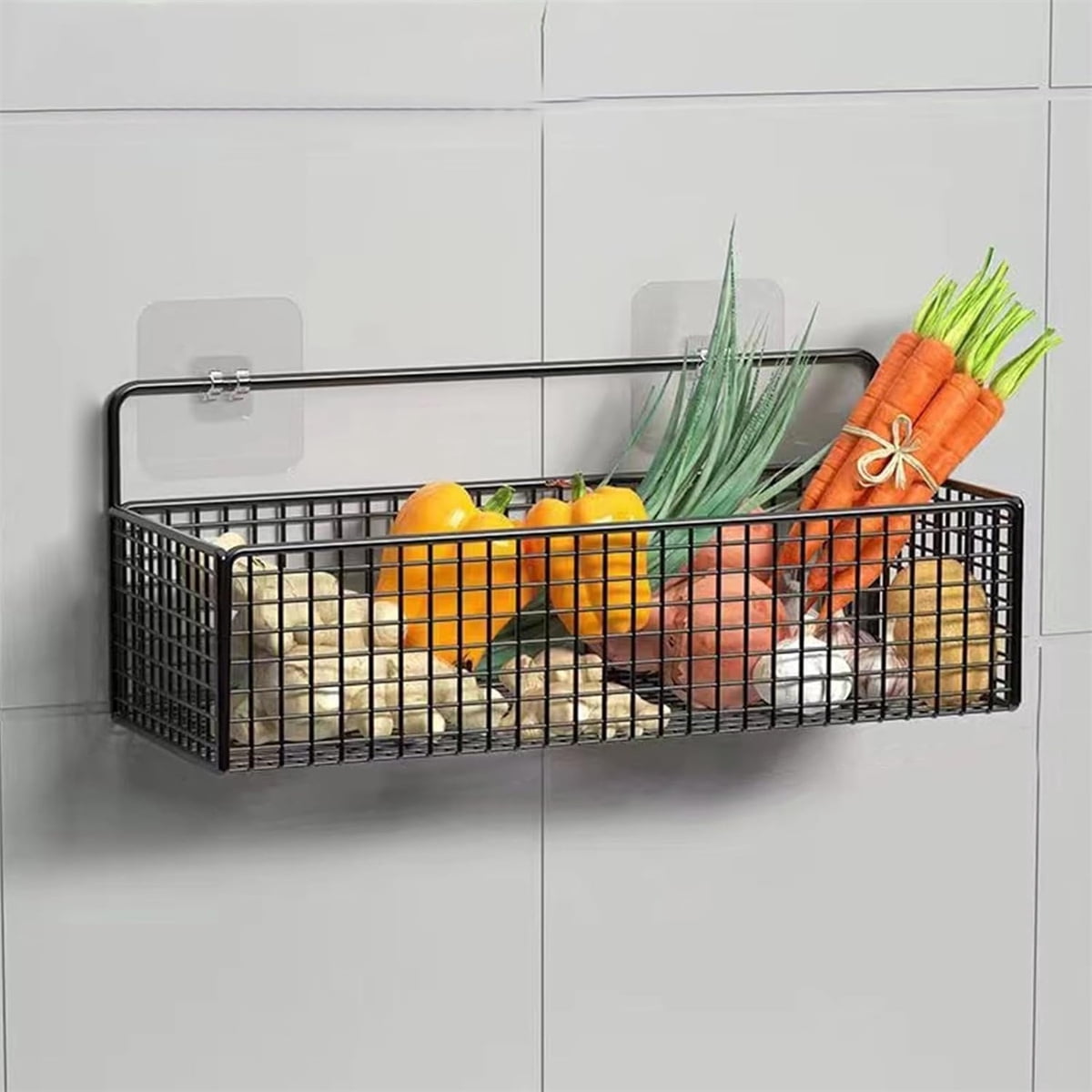 Metal Wire Basket Wall Mount, GIXUSIL Bathroom Storage Basket, 1Pcs Adhesive Fruit Kitchens Hanging Living, Room Wire Baskets, Food Storage Bin for Kitchen (14" x 6" x 4 ", Black)