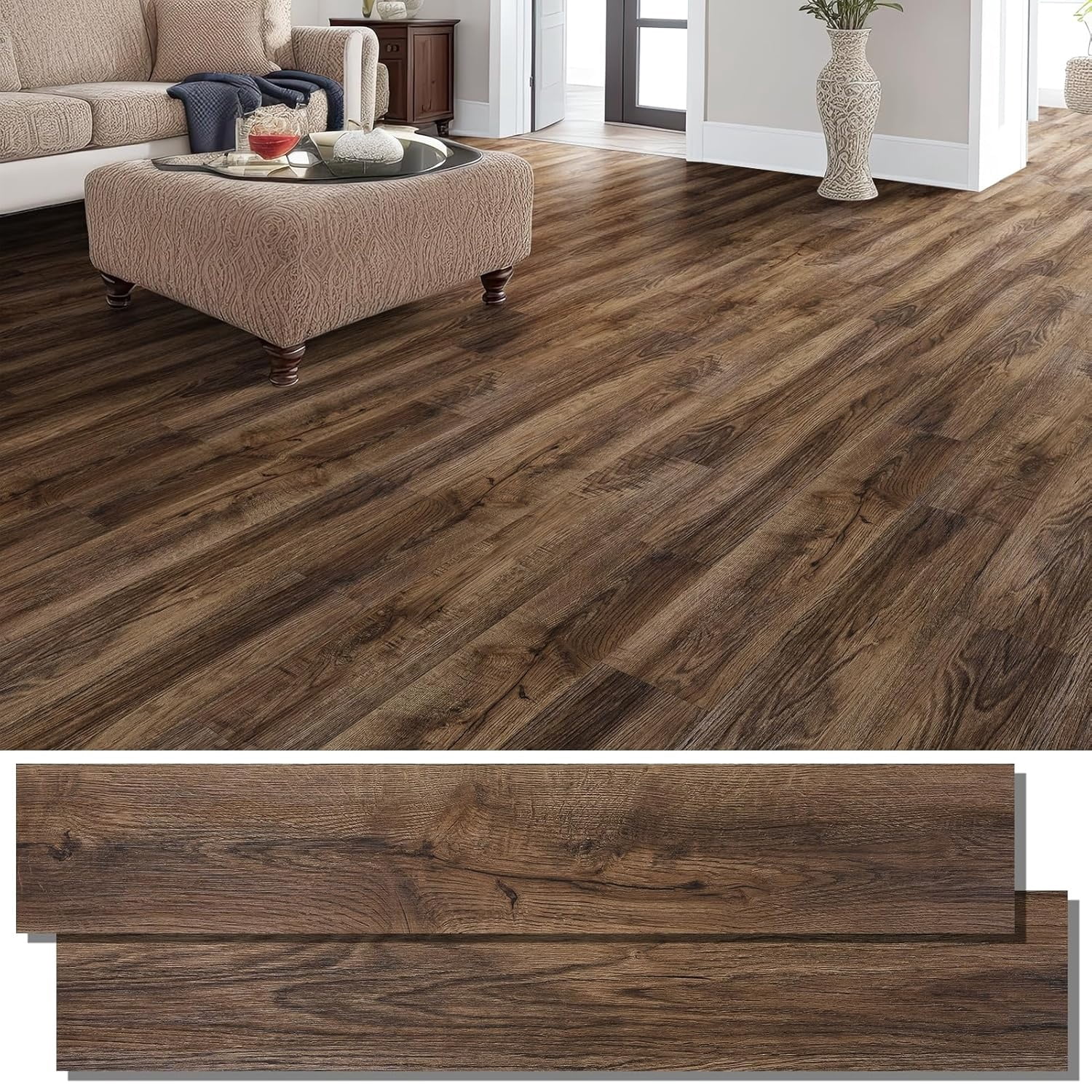 Peel and Stick Floor Tile,  36-Pack 54 Sq.Ft Self Adhesive Vinyl Plank Flooring Wood Grain Look 36x6 Inch Waterproof Tile Sticker for Bedroom, Living Room, Kitchen, RV (Smoked Brown)