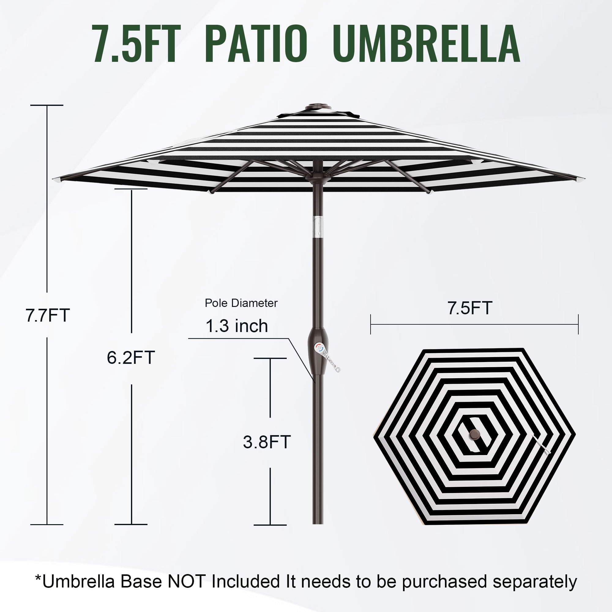 Easthome 7.5' Patio Umbrella Outdoor Table Market Umbrella with Smooth Crank handle, 6 Ribs, Backyard, Poolside, Garden - Black and white stripes