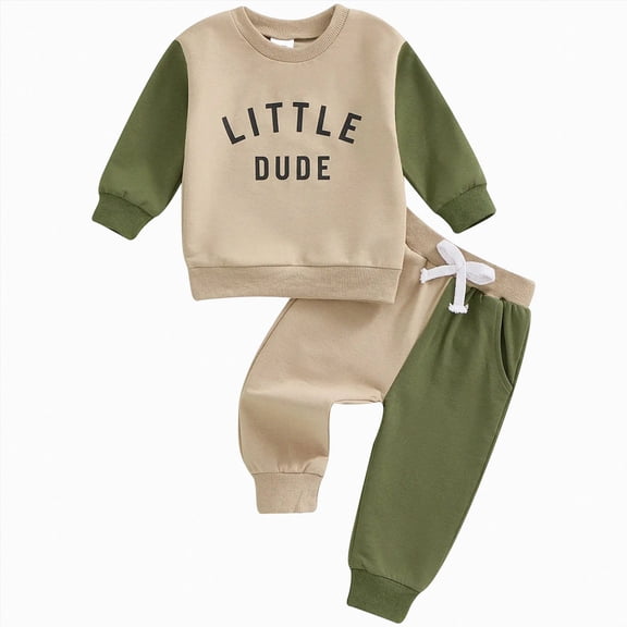 TOWED22 Baby Boy Fall Winter Outfits 2-Piece Long Sleeve Crew Neck Sweatshirt Tops Elastic Waist Pocket Joggers Pants Clothes Toddler Clothing(Beige,12-18 M)