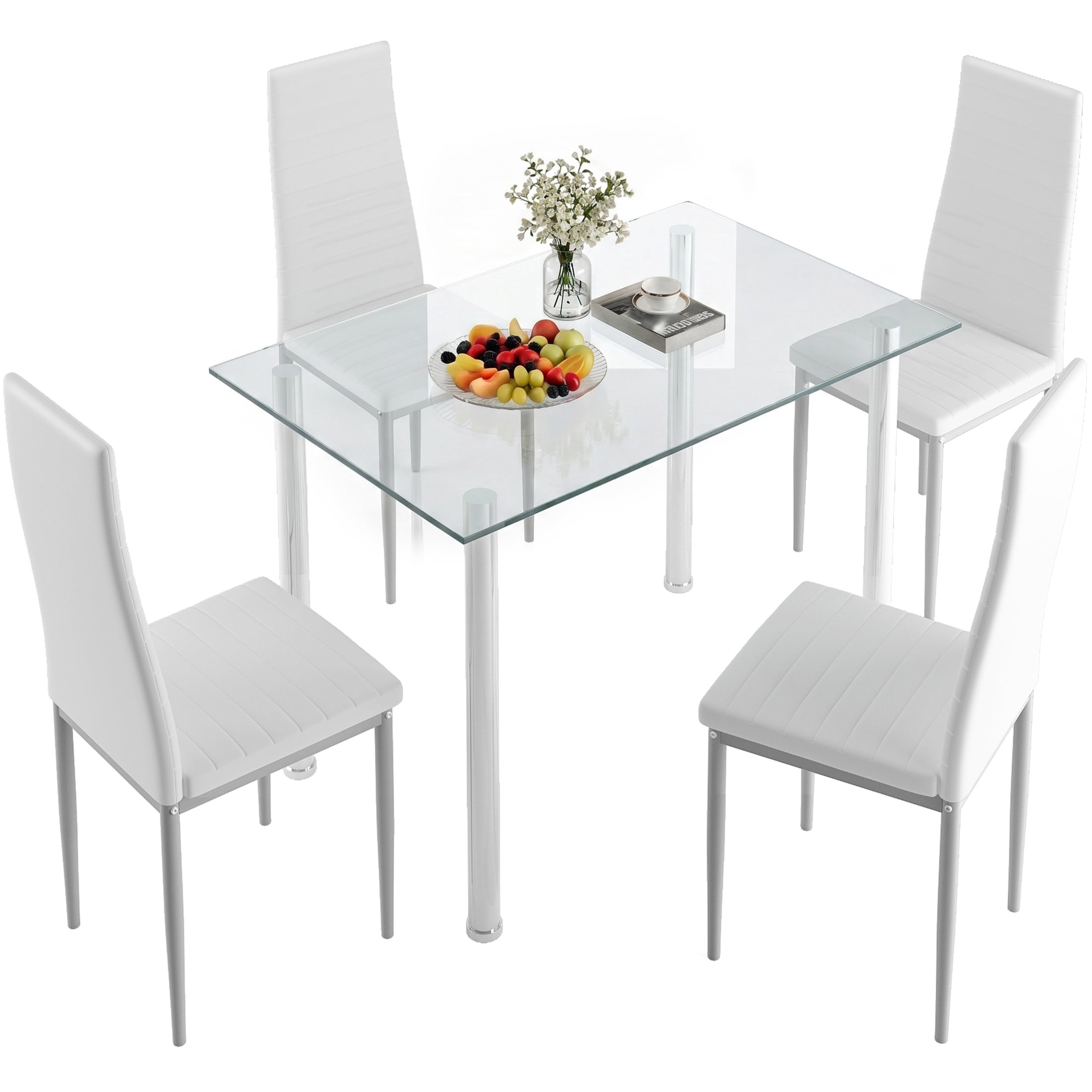 UHOMEPRO White Kitchen Table Set, 5 Pieces Dining Table Set, Tempered Glass Dining Table and Chairs Set for 4, Upgraded Iron Dining Room Table Set with 4 PU Leather Chairs