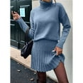 thumbnail image 4 of Female Sweater Skirt Sets 2 Piece Outfits Ribbed Knit Mock Neck Sweater Pullovers A Line Mini Skirt Set Blue S, 4 of 8