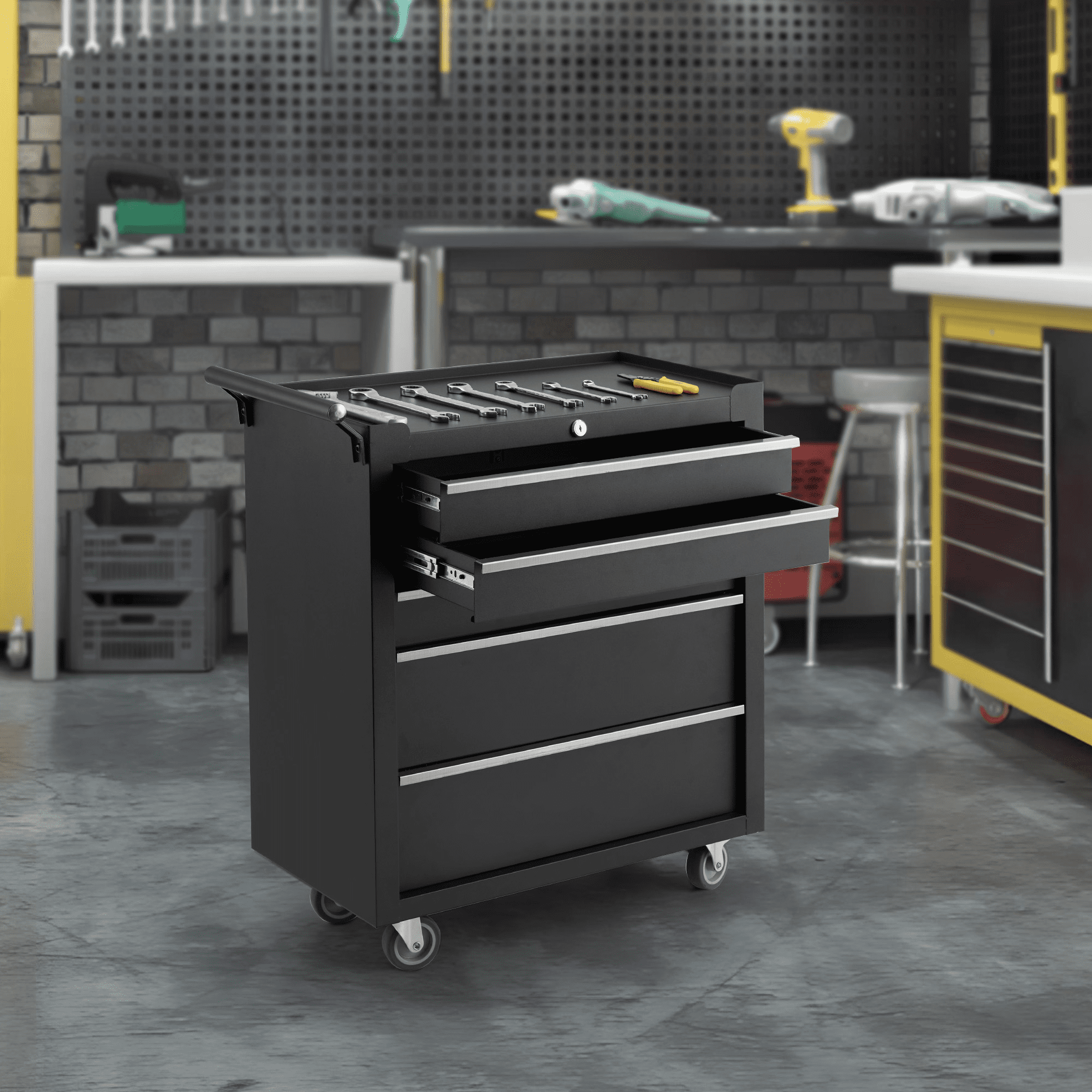 CuisinAid 5-Drawer Rolling Tool Chest with Wheels & Lock System, Portable Tool Box Storage for Workshop, Garage, Warehouse, Black