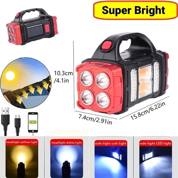 Bright Multifunctional LED Solar Camping Light, Rechargeable Flashlight with USB Charging, Tactical COB Work Light, Four Modes, Emergency Power Bank Function, Flashlight For Outdoor, Hiking, Camping