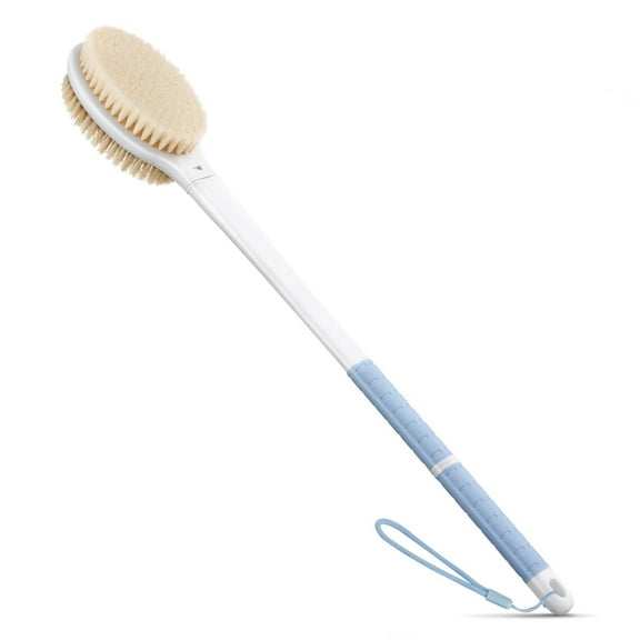 20.5" Back Bath Brush Long Handle for Shower, Anti-Slip Back Scrubber for Elderly, Men and Women, Dual-Sided Back Brush with Stiff and Soft Bristles, Body Exfoliator for Wet or Dry Brushing (Blue)