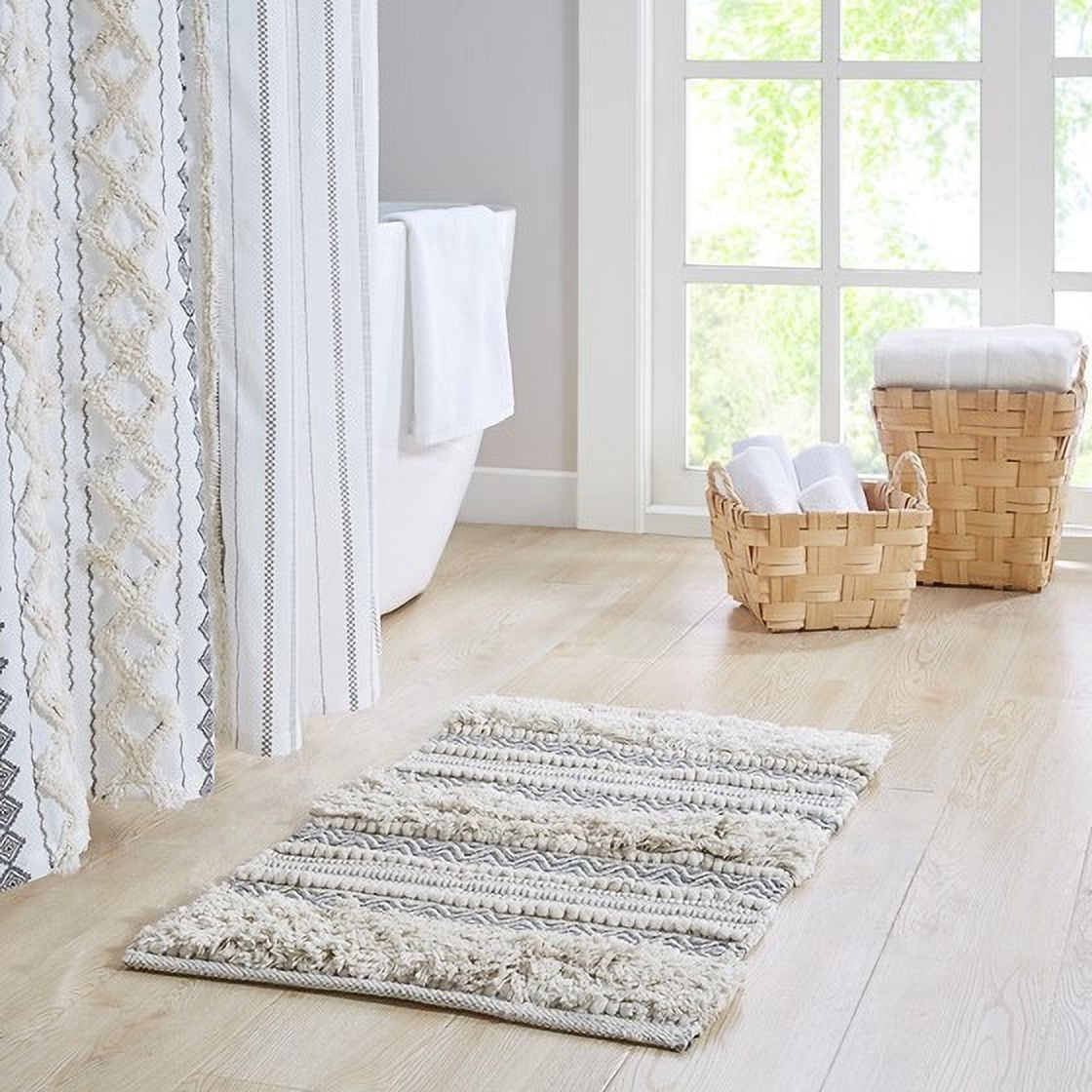 Woven Texture Stripe Bath Rug 22x58 Inches Grey, INK+IVY Asher Boho Hand-Woven Bathroom Runner Rug, Non-Slip Latex Backing Machine Washable for Bathroom Decor