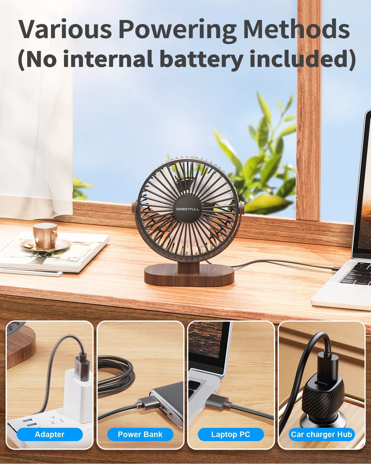6.5 Inch USB Desk Fan, 3 Speeds, Quiet Portable  Fan with 360° Adjustment, Black Wood Grain