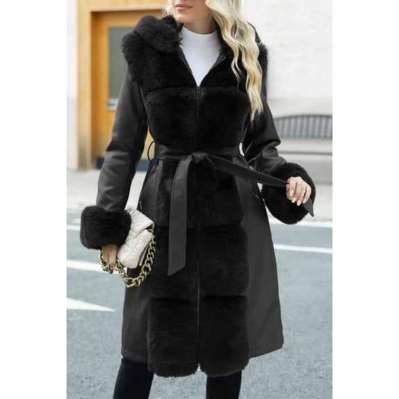 Giolshon Women's Faux Leather Jacket Sherpa-Lined Coat Winter Warm Parka Overcoat with Belt