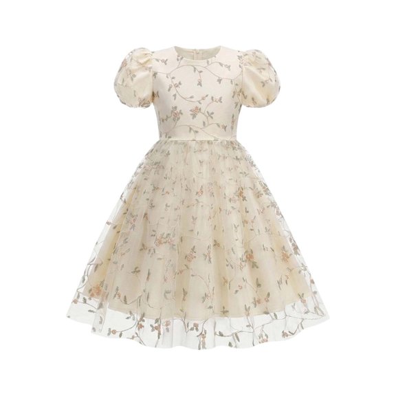 Girls Tulle Princess Dresses Trendy Embroidery Flower Lace Puff Sleeve Crew Neck Gown for Pageant Wedding Birthday Party Graduation Dance Prom Beige 9-10 Years