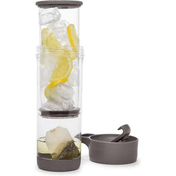 Press and Go Iced Tea Tumbler For Loose Leaf or Bagged Teas, Double Wall Travel Tea Mug with Stainless Steel Infuser, Leakproof, Dishwasher Safe