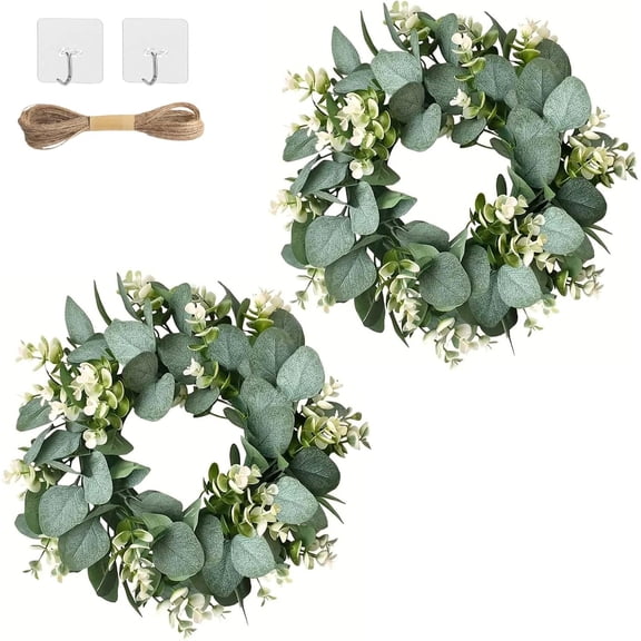 2PCS Artificial Eucalyptus Wreath for Front Door, 14In Green Leaf Wreath with with 1 Rope and 2 Hook, Small Door Wreaths, Greenery Spring Summer Wreaths for Porch Farmhouse Home Window Decor
