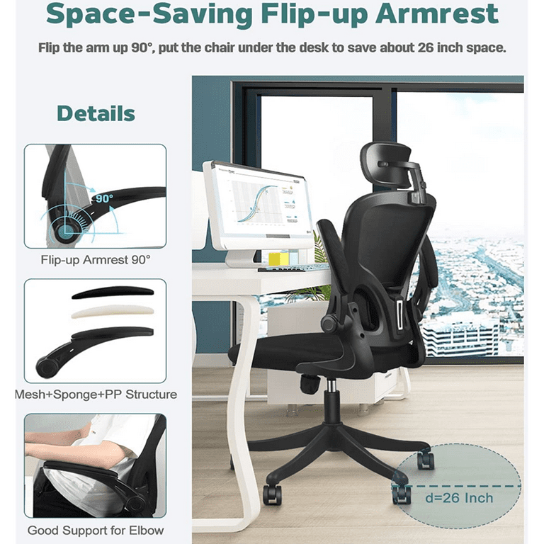 Ergonomic Office Chair Breathable Mesh Task Chair with 3D Headrest and  Flip-up Armrests High Back Thick Cushion Home Desk Chair Computer Chair