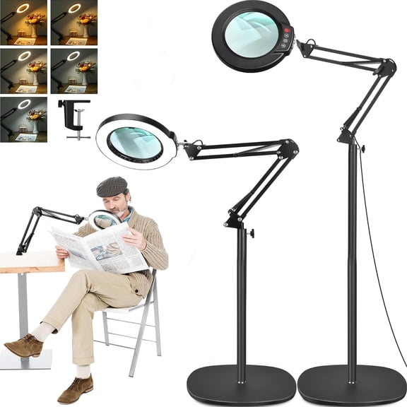 Large Magnifying Glass with Light and Stand, Real Glass Lens, 5 Color Modes Dimmable, 3-in-1 Adjustable Swing Floor Lamp, LED Lighted Hands Free Magnifier & Clamp for Reading, Crafts, Painting