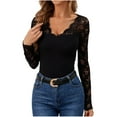 thumbnail image 2 of Aloohaidyvio Women's Lace Deep V Neck Long Sleeve Low Cut Crop Top Slim Fitted T Shirt Fall Going Out Shirts Black, 2 of 6