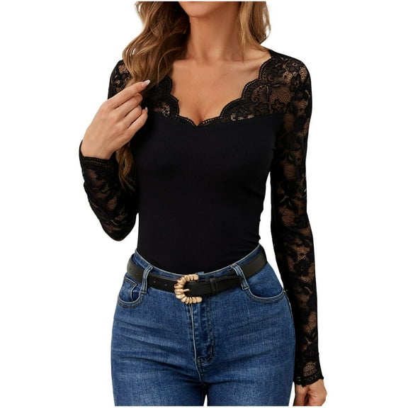 JUUYY Women's Embroidery Sheer Long Sleeves V-Neck Lace Blouse Top Casual Solid Ribbed Ladies Shirts Black L