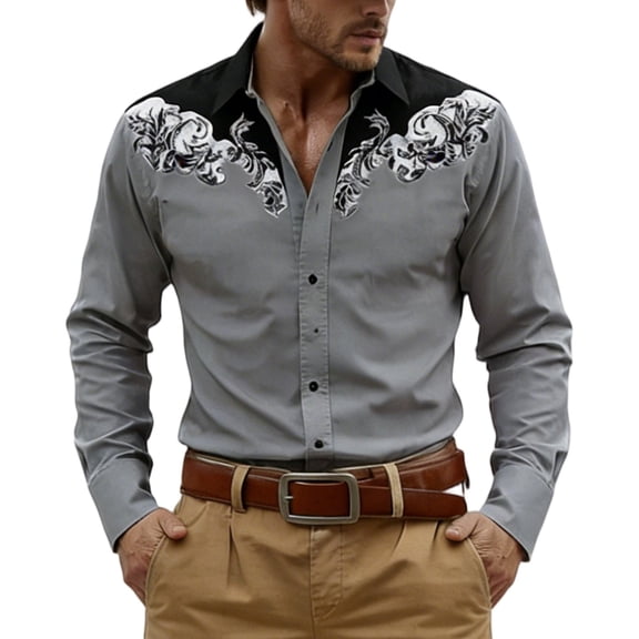 HXWCHs Western Heritage Long Sleeve Casual Shirt Festive Print Button Front Durable Easy Care top for Men XL Grey