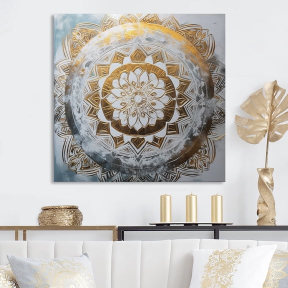 DESIGN ART Designart "White And Gold Mandala Vii" Boho Mandala Canvas Art Print 16 in. wide x 16 in. high
