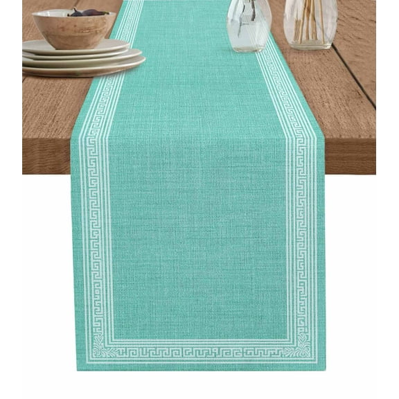 Table Runner 72 Inches Long for Kitchen Dining, Turquoise Geometric Dresser Scarf Farmhouse, Dining Table Decorations for Wedding/Parties, White Greek Key Design Burlap Modern Art 18 x 72 In