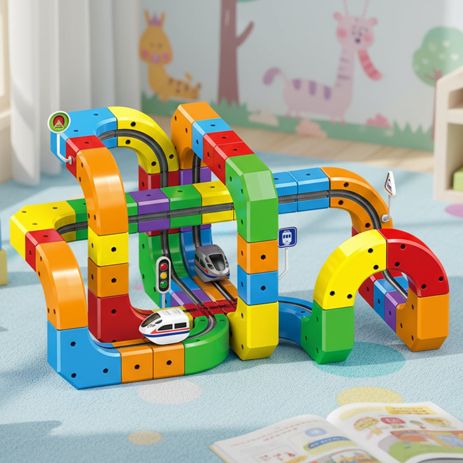 Electric Train Toys Set with 3D Magic Flexible Race Tracks, Snap-On Blocks Building Tracks Set for Boost Creativity and Skills (123 Pcs Random Color)