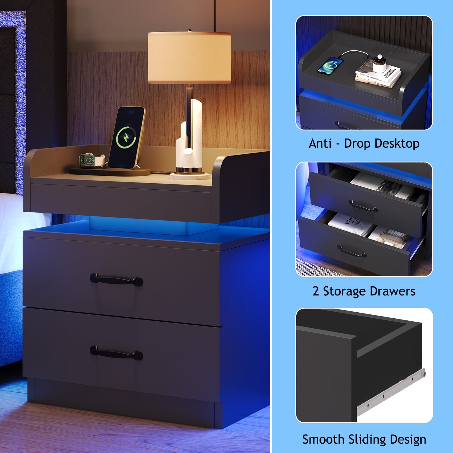 4 EVER WINNER Nightstand with Charging Station, LED Night Stand with 2 Drawers, Modern Beside End Table Side Table for Bedroom Living, Black