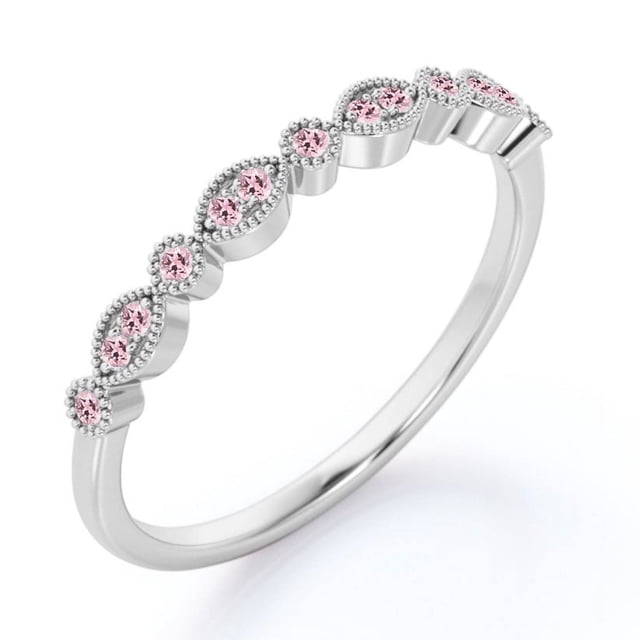 JeenMata Alianza de Boda Art Deco de 0,25 Quilates con Piedra Natal de Octubre de Talla Brillante Redonda y Filigrana Milgrain en Baño de Oro Blanco de 18 K sobre Plata