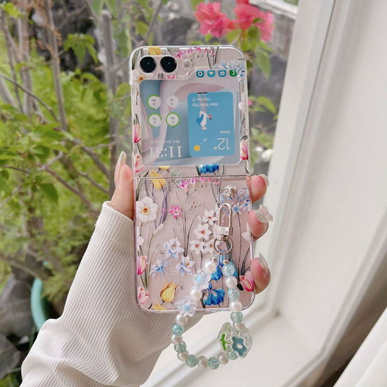 Compatible with Samsung Galaxy Z Flip 5 Clear Case with Lanyard Chain  Flower Transparent Shockproof Cover-C 