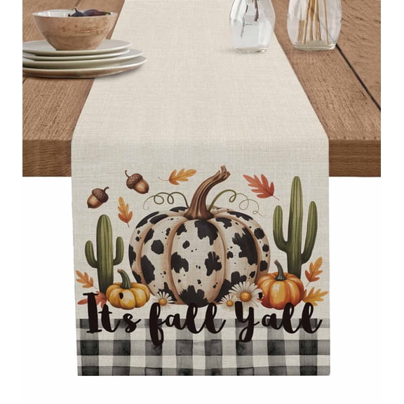 White Black Pumpkin Fall Table Runner 72 Inches, Farmhouse Plaid Botanical Cactus Rustic Bed Runner Dresser Scarves Tabletop for Indoor Outdoor Parties/Ceremony/Banquet, 18" x 72"