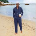 thumbnail image 2 of GrmtClth Mens Linen 2 Piece Beach Outfit Sets Cuban Collar Long Sleeve Button Front Shirt Relax Fit Drawstring Waist Trousers Multi Color Lightweight Travel Wear Navy 2XL, 2 of 7
