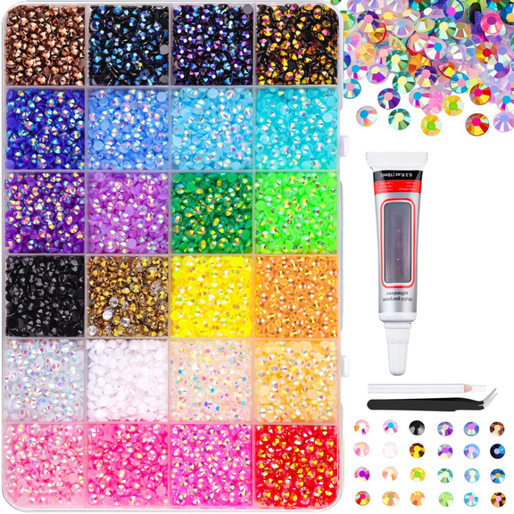 24000Pcs Resin Rhinestones with Tweezers for Bedazzling, 24 Color 3mm Crystal with 1Pcs 10ml B7000 Jewelry Glue for Bedazzled Nail Art Crafting Makeup