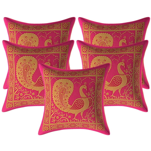 Stylo Culture Ethnic Couch And Pillow Covers Dancing Peacock Floral Magenta And Gold Throw Pillow Covers 12x12 Jacquard Weave Banarsi Couch Brocade 30x30 cm Cushion Covers (Set Of 5)
