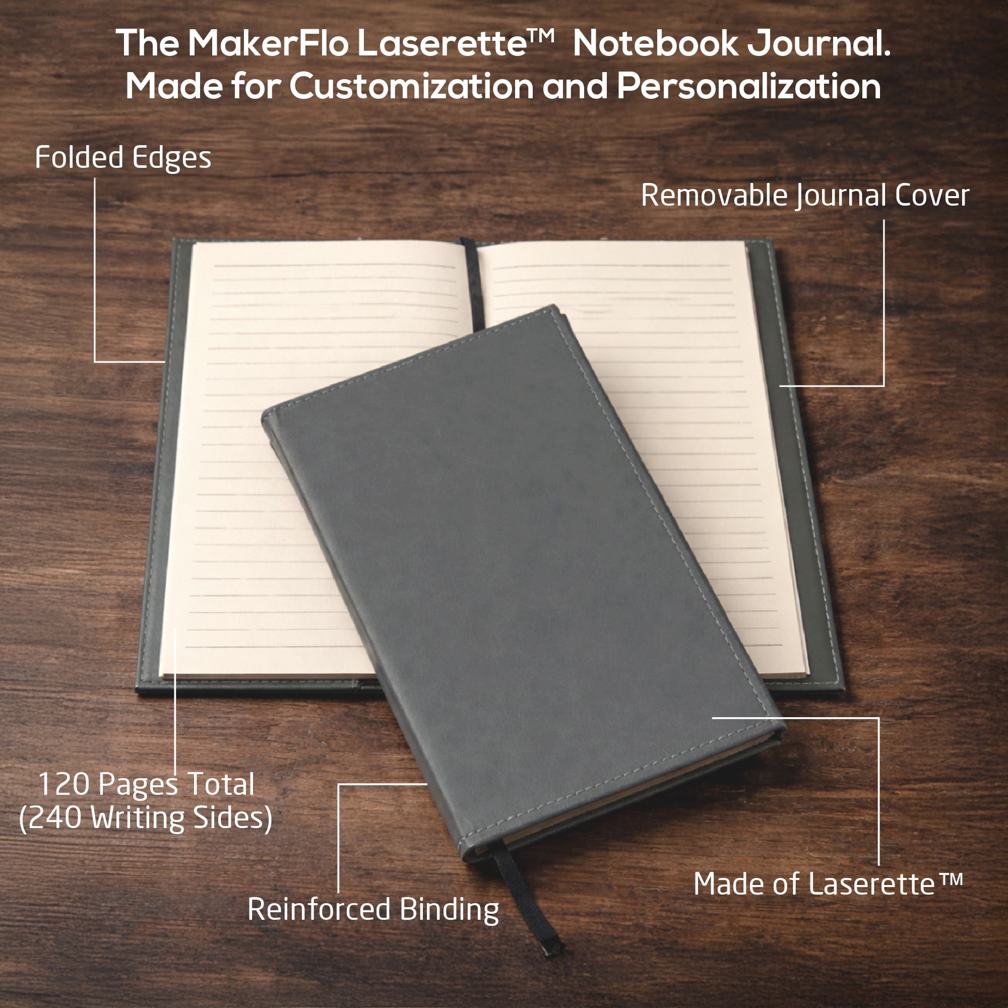 MakerFlo Laserette Refillable Journal for Adults, 8.75" x 5.5", Vegan Leather Cover with Lined Pages, pack of 12, Gray