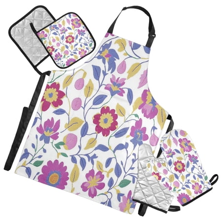 5-Piece Kitchen Apron Set with Heat-Resistant Gloves & Insulation Mats for Cooking Baking BBQ Colorful Embroidered Flowers