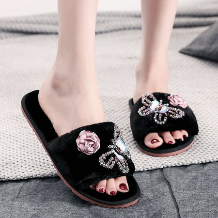

Christmas Plush Shoes Flat Open Slip On Home Flowers Slippers Toe Warm Furry Keep Women Home Women s Slipper