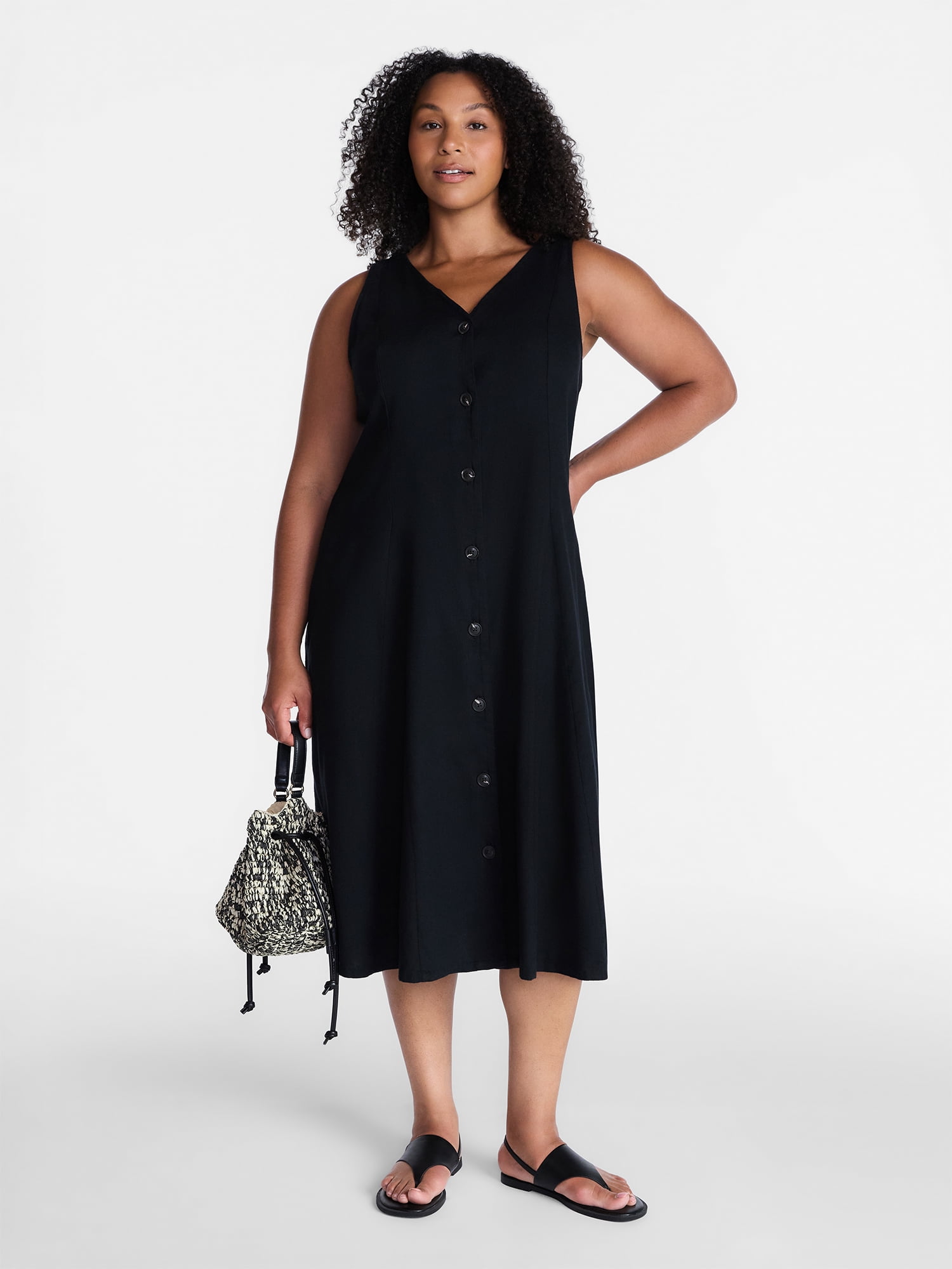 fit and flare dress walmart Time and Tru Women's Sleeveless Button Down Linen Blend Dress, Sizes XS-XXXL