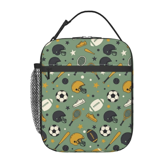 Football Lunch Bag Athletic Print Handheld Portable Reusable Cooler Tote Front Pocket Work Office Commute Daily Food Container