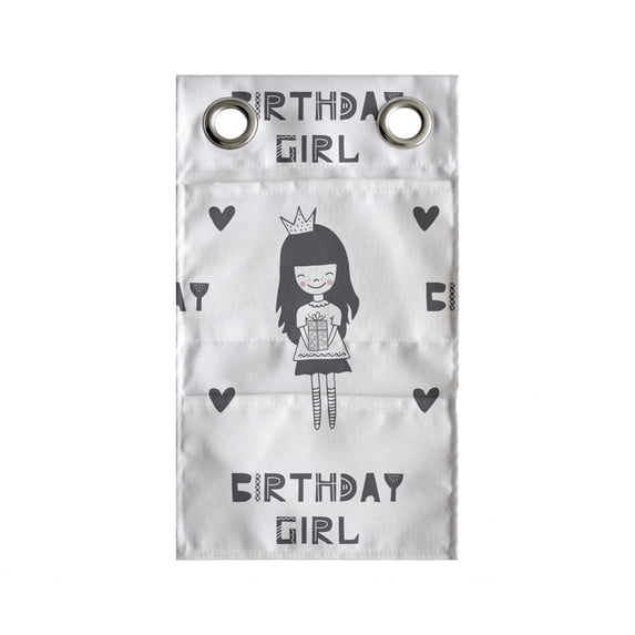 Birthday Hanging Pocket Organizer, Little Girl with Gift Box Birthday Girl in Scandinavian Style, Printed Polyester Storage Bag with Pockets, 9" x 27", White Grey and Charcoal Grey