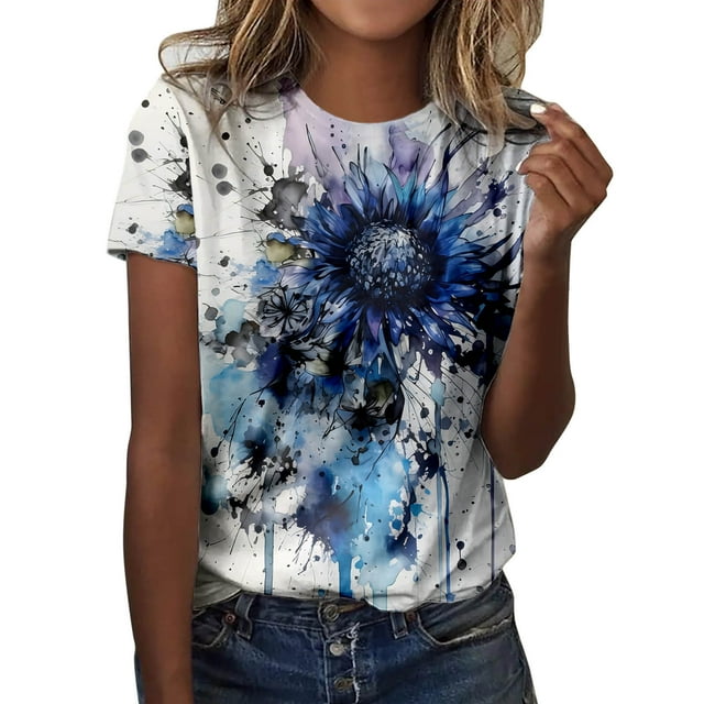 LUOGENLI T-shirts pour Femmes Été Décontracté Mode Col Rond Manches Courtes Imprimé Floral T-Shirt Vintage T-shirts Graphiques Saint-Valentin Bleu m