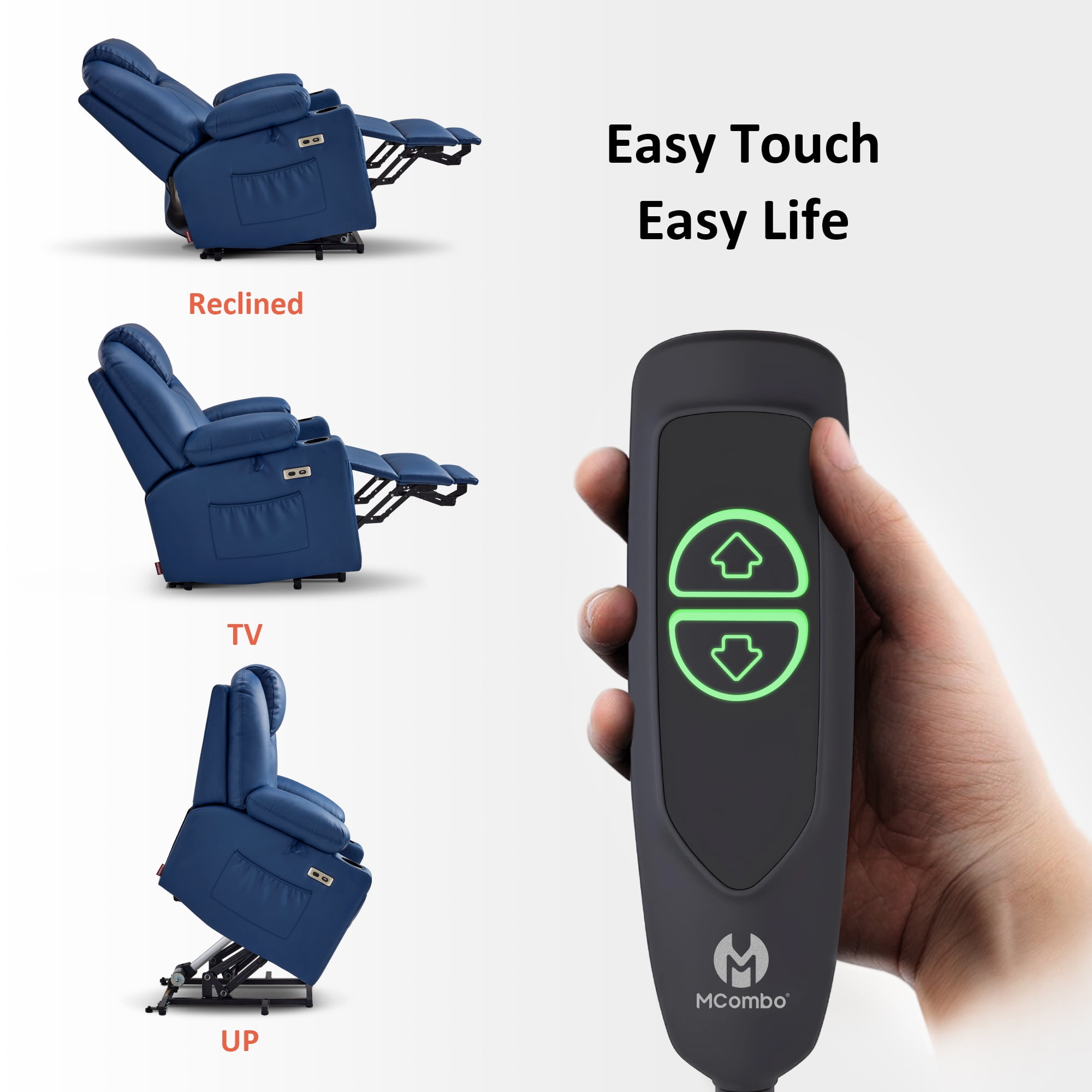 MCombo Electric Power Lift Recliner Chair Sofa with Massage and Heat for Elderly, 3 Positions, 2 Side Pockets, and Cup Holders, USB Ports, Faux Leather 7141 Blue, Small