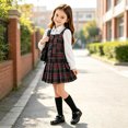 thumbnail image 2 of Girls Preppy Plaid 2‑Piece Outfit Set Puff Long Sleeve Shirt Vest Top Bow Elastic Waist Pleated Skirt Kids Academy Style Clothing for School Performance Daily Wear(White,12-13 Years), 2 of 7