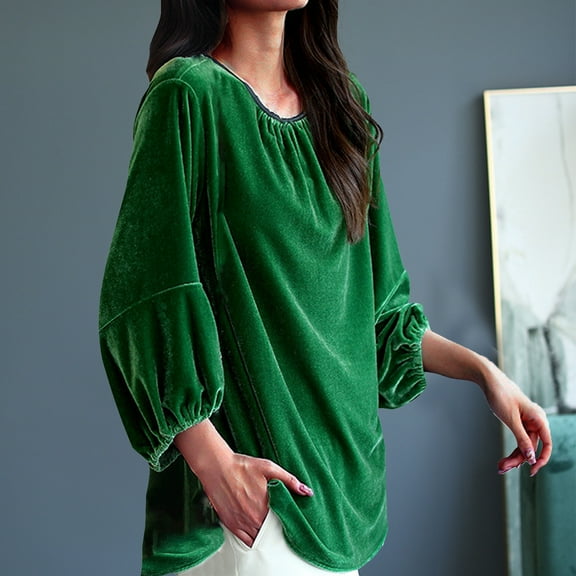 Spring Tops for Women Velvet Tops for Women Women's Ladies Round Neck Loose Tops Casual T-Shirts Long Sleeve Blouse/Green XL