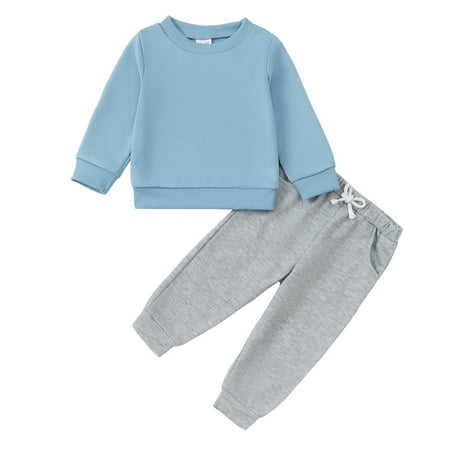 

KIMI BEAR Infant Baby Boys Winter Outfits 18-24 Months Warm Clothing Sets Round Neck Long Sleeves Top Solid Color Pullover Sweatshirt Top Drawstring Pants 2pcs Pant Sets Blue