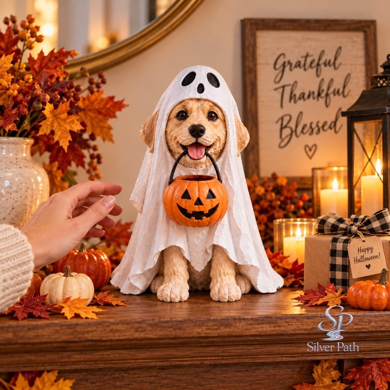 Wooden Block 3 Layer Ghost Labrador with Pumpkin Bucket for Halloween ...