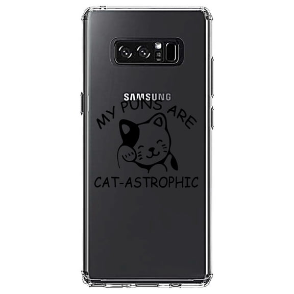 DistinctInk Clear Shockproof Hybrid Case for Samsung Galaxy Note 8 - TPU Bumper Acrylic Back Tempered Glass Screen Protector - My Puns Are Cat-Astrophic